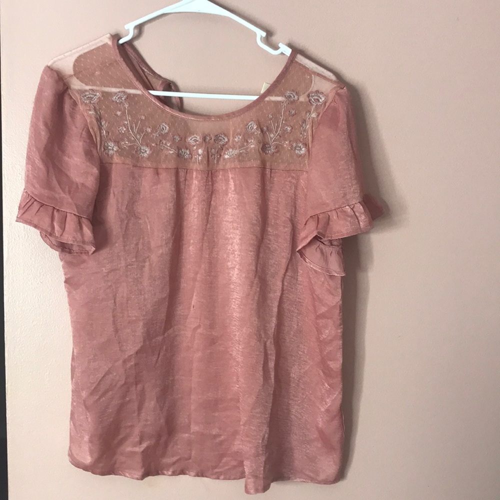 Francesca’s Pink Floral Net Ruffle Sleeve Blouse